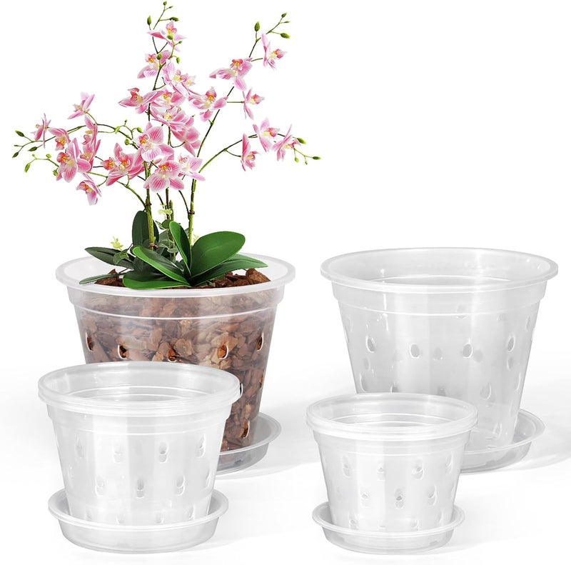 FUIJOL Orchid Pot, 6 Pack 4 5 6 Inch Clear Orchid Pots with Holes and Saucers for Repotting, Breathable Slotted Plastic Orchid Planters with Drainage for Root Health Indoor Outdoor (4/5/6 Inch) - Image 1
